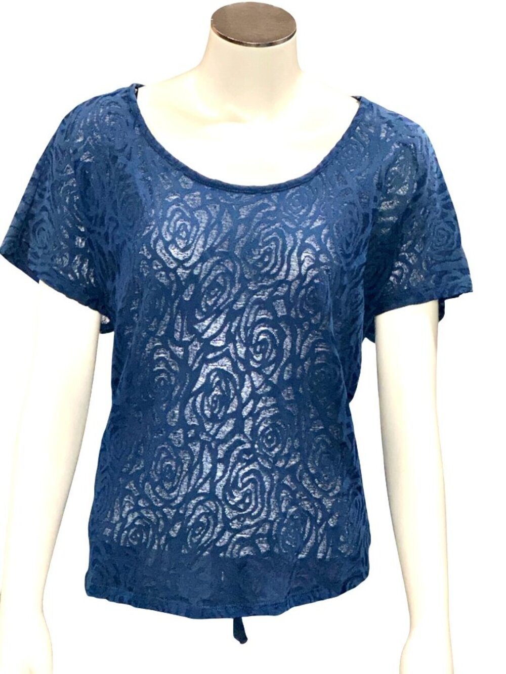 Forever 21 Large Blue Burnout Rose Tie Back Short Sleeve Top Casual Feminine Y2K - Picture 2 of 12